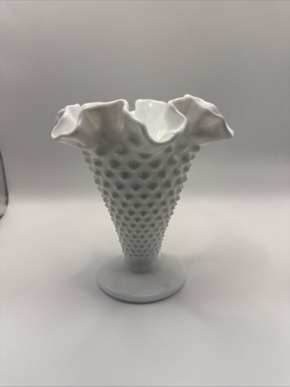 Vintage Fenton White Milk Glass Hobnail Trumpet Vase with Ruffled Edges - 6 Inch